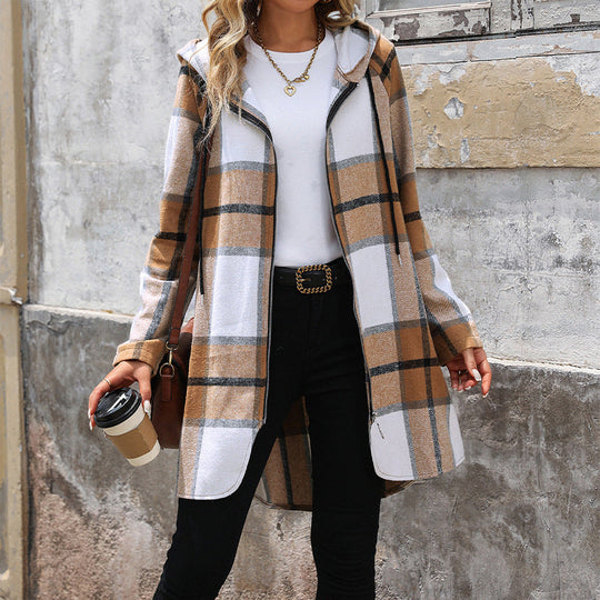 Damen Lange Kapuzen‑Strickjacke mit Karomuster, Reißverschluss & Eingrifftaschen Shop Nory
