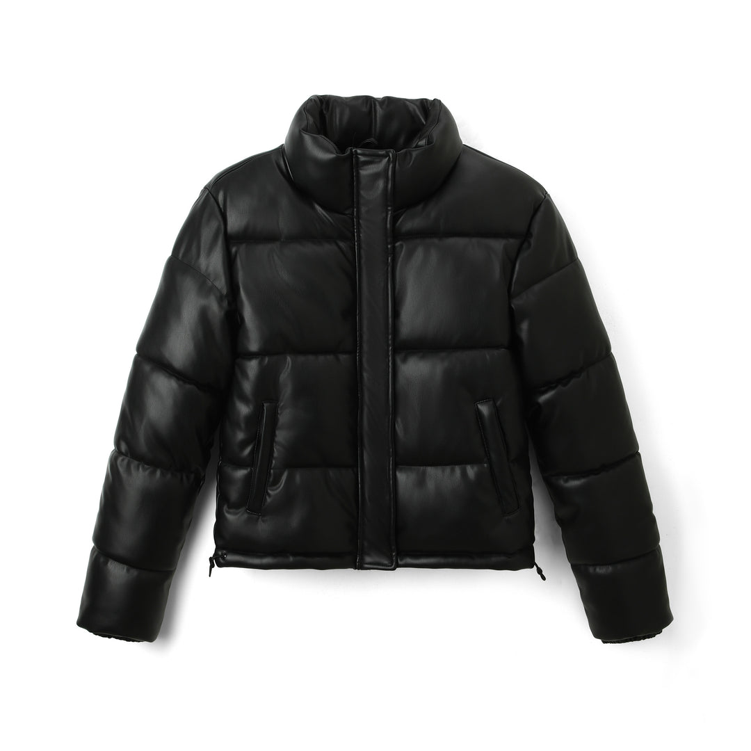 Damen Kurz geschnittene gesteppte Kunstleder-Steppjacke mit hohem Stehkragen Shop Nory
