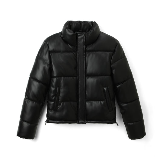 Damen Kurz geschnittene gesteppte Kunstleder-Steppjacke mit hohem Stehkragen Shop Nory