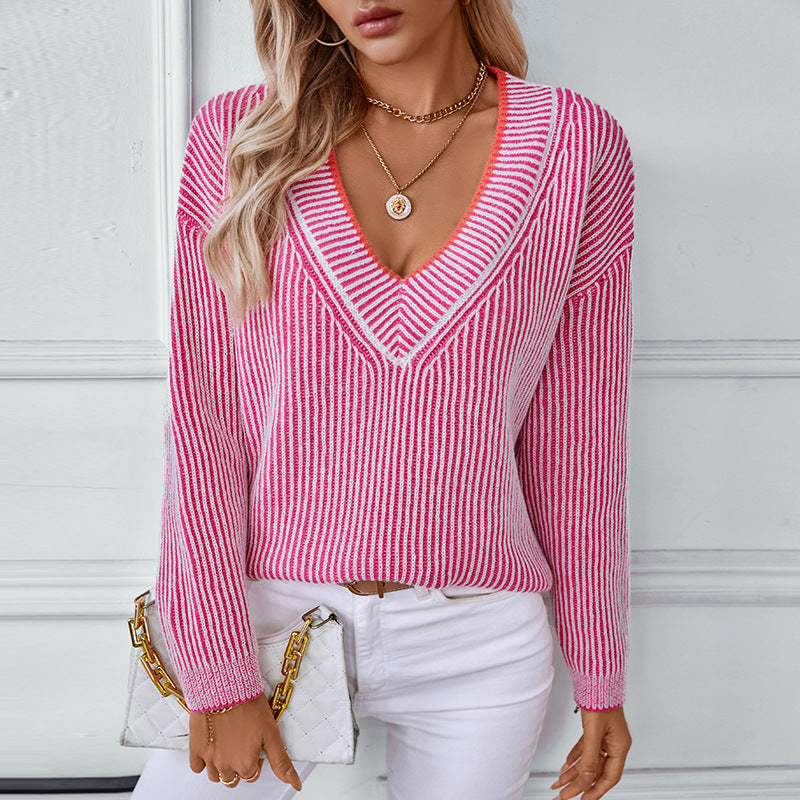 Damen Strickpullover mit V-Ausschnitt und gestreiftem Design Shopnory