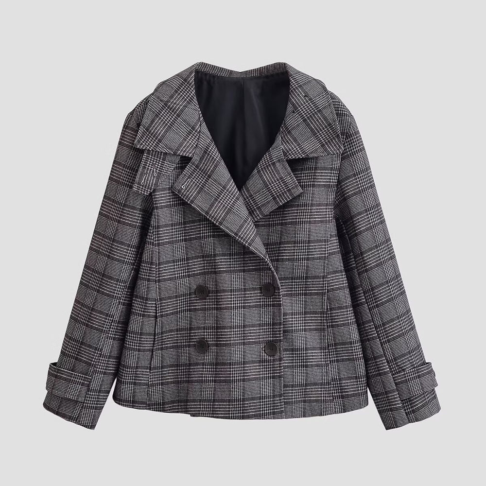 Damen Kurzer Doppelreihiger Glencheck‑Mantel mit weitem Revers Shop Nory