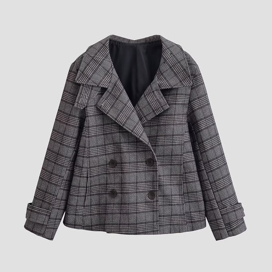 Damen Kurzer Doppelreihiger Glencheck‑Mantel mit weitem Revers Shop Nory