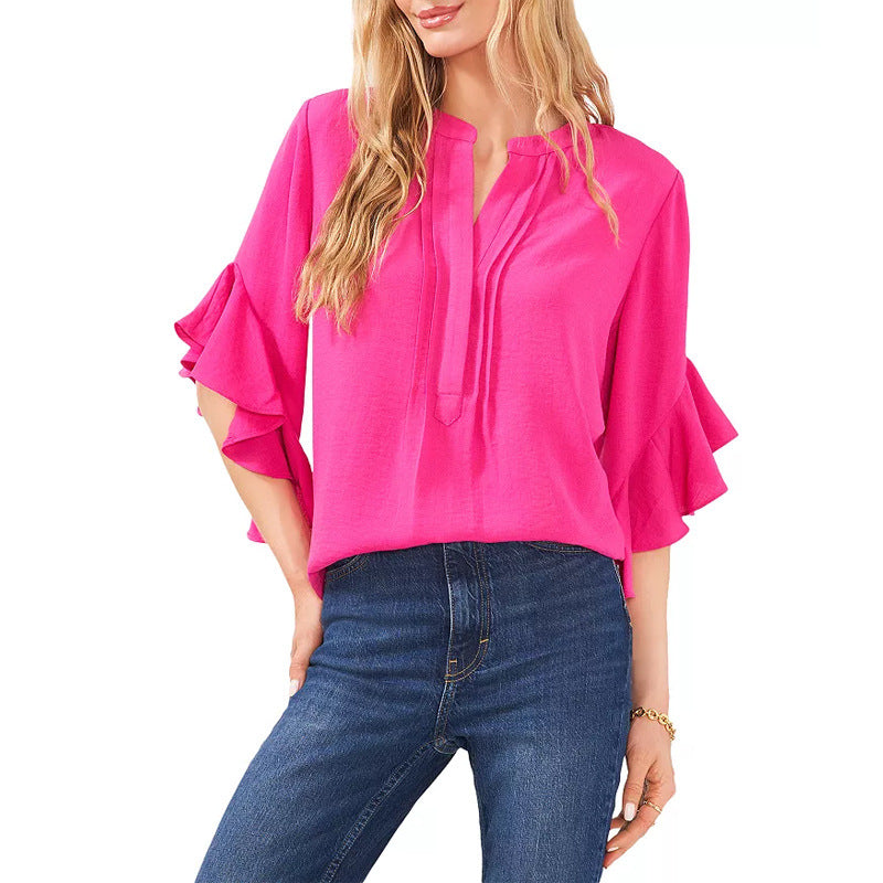 Damen Rüschen-Bluse mit V-Schlitz, lockerem Schnitt und Trompetenärmeln Shop Nory