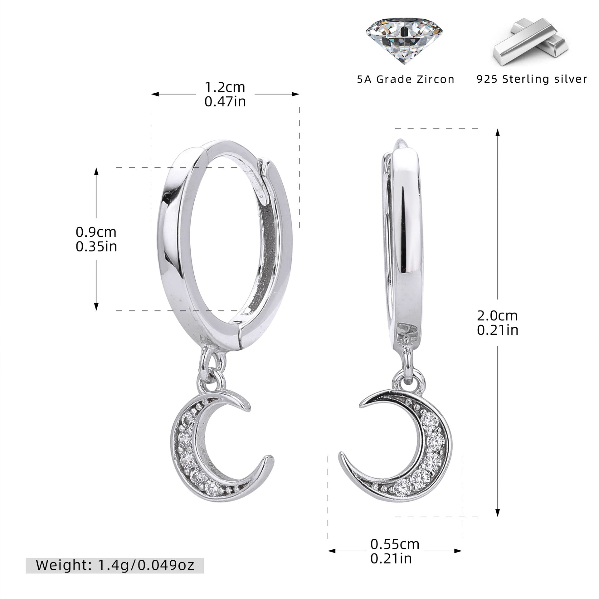 Damen Ohrhänger mit elegantem Mondanhänger und funkelnden Zirkonen Shop Nory