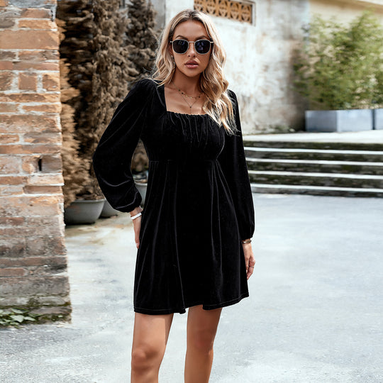 Damen nan Samt-Kurzkleid mit quadratischem Ausschnitt, Empire-Taille und Ballonärmeln Shop Nory