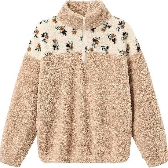 Damen Teddy-Fleece-Pullover mit Stehkragen, floralem Besatz und halbem Reißverschluss Shop Nory