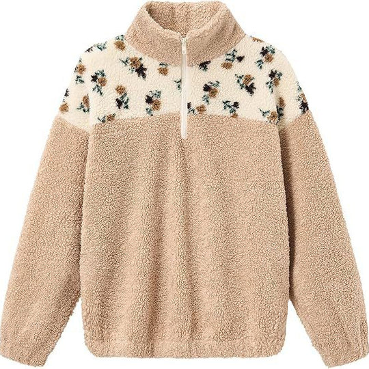 Damen Teddy-Fleece-Pullover mit Stehkragen, floralem Besatz und halbem Reißverschluss Shop Nory
