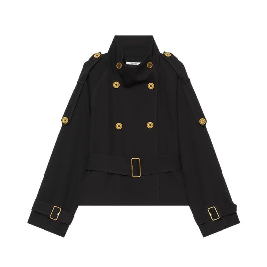 Damen Kurzer Doppelreiher-Trench mit Taillengürtel, Schulterklappen und goldfarbenen Details Shop Nory