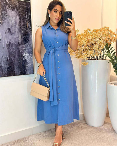 Damen Knielanges Hemdkleid mit Taillengürtel und elegantem V-Ausschnitt