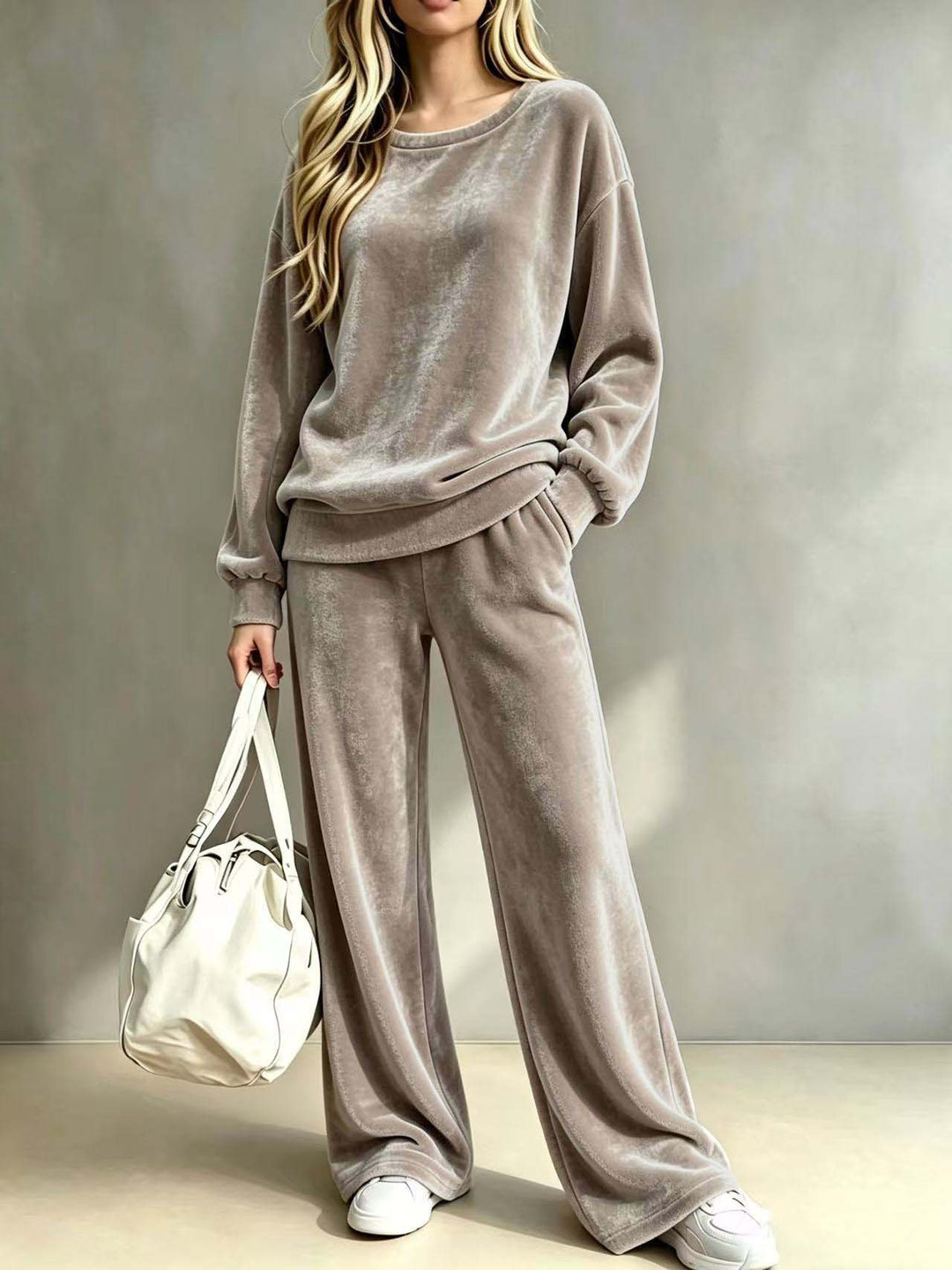 Damen Weiches Velours-Loungewear-Set mit weitem Bein und Rundhalsausschnitt Shop Nory