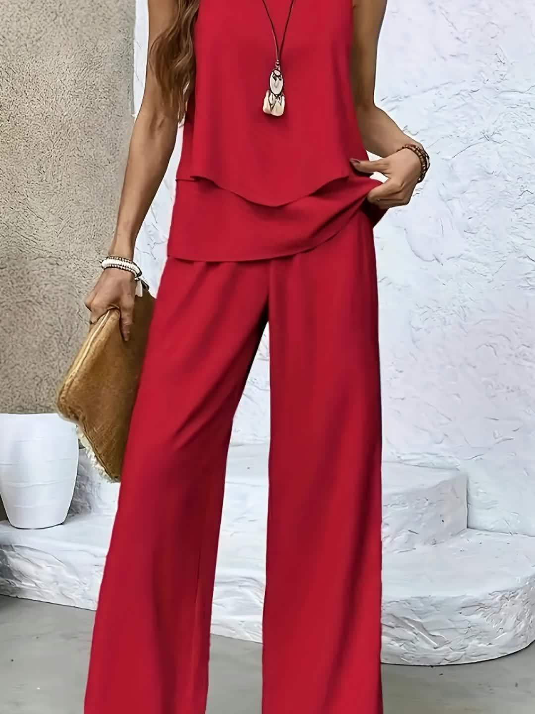 Damen elegantes Zweiteiliges Outfit mit fließendem Schnitt und weit geschnittenen Hosen