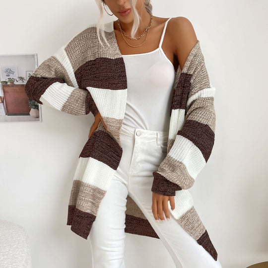 Damen Longline Strickcardigan mit breiten Blockstreifen, offener Front und überschnittener Schulter Shop Nory