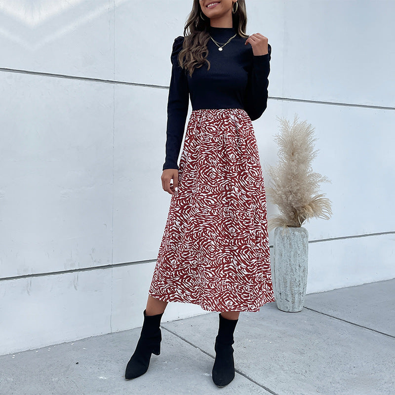 Damen A-Linien-Midirock mit hohem Bund, fließender Silhouette und abstraktem Print Shop Nory