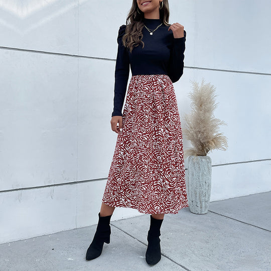 Damen A-Linien-Midirock mit hohem Bund, fließender Silhouette und abstraktem Print Shop Nory