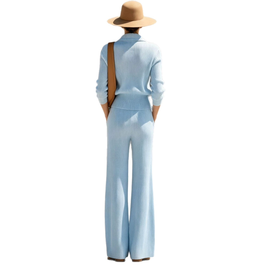 Damen Rippstrick-Set mit halbem Reißverschluss und weiten Palazzo-Hosen Shop Nory