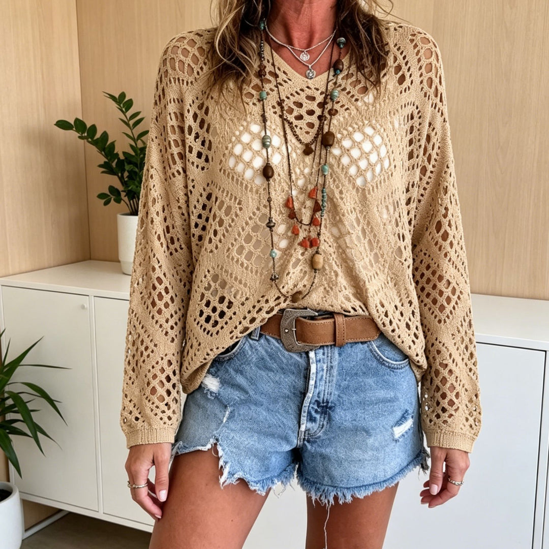 Damen Grobstrick-Häkelpullover mit offenen Maschen und V‑Ausschnitt Shop Nory