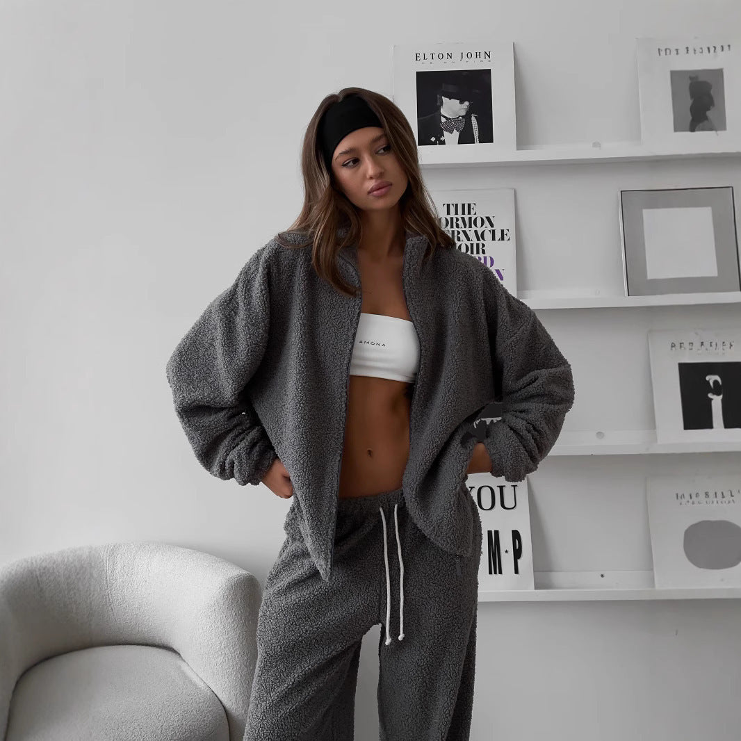 Damen oversized Teddy-Fleece Hausanzug mit Reißverschlussjacke und Jogginghose Shop Nory