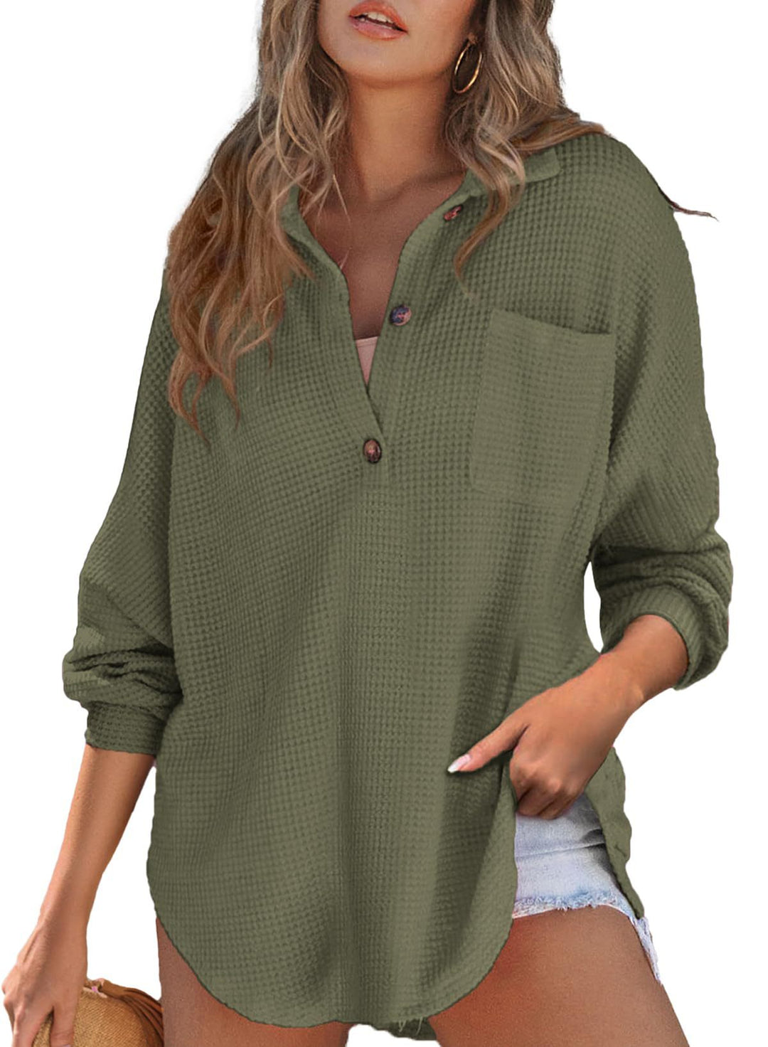 Damen nan oversized Waffelpiqué Hemdbluse mit Brusttasche, Knopfleiste und abgerundetem Saum Shop Nory