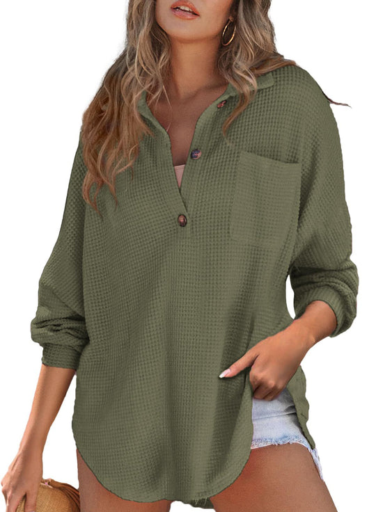 Damen nan oversized Waffelpiqué Hemdbluse mit Brusttasche, Knopfleiste und abgerundetem Saum Shop Nory