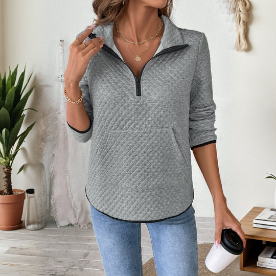 Damen Gepolsterter gesteppter Pullover mit Halbreißverschluss und Kängurutasche Shop Nory