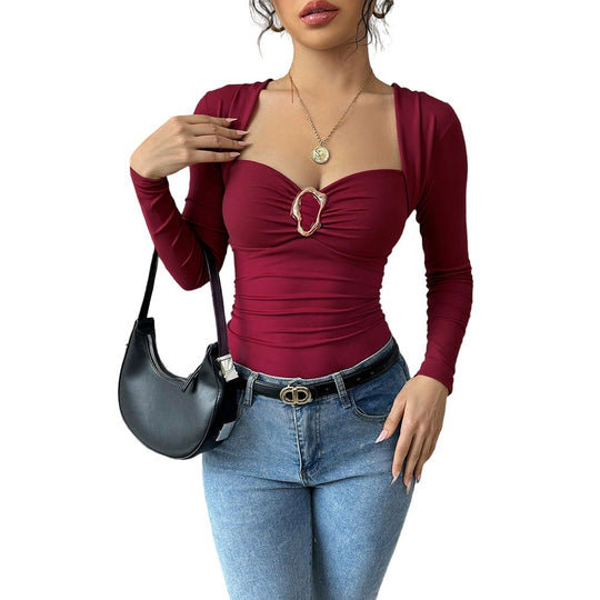 Damen figurbetontes Langarm-Top mit Herz-Ausschnitt, Zierring und Raffung Shop Nory