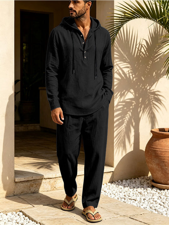 Herren Lässiges Leinen-Look Freizeit-Set mit Kapuzenhemd und weiten Hosen Shop Nory