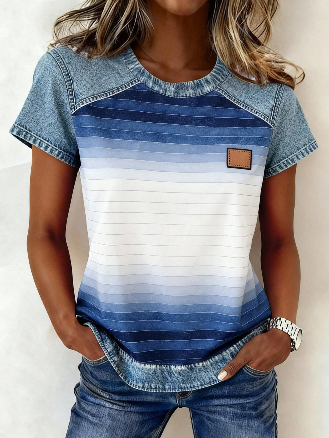 Damen Kurzarmshirt mit Jeans-Einsätzen und Teddy-Patchprint Shop Nory