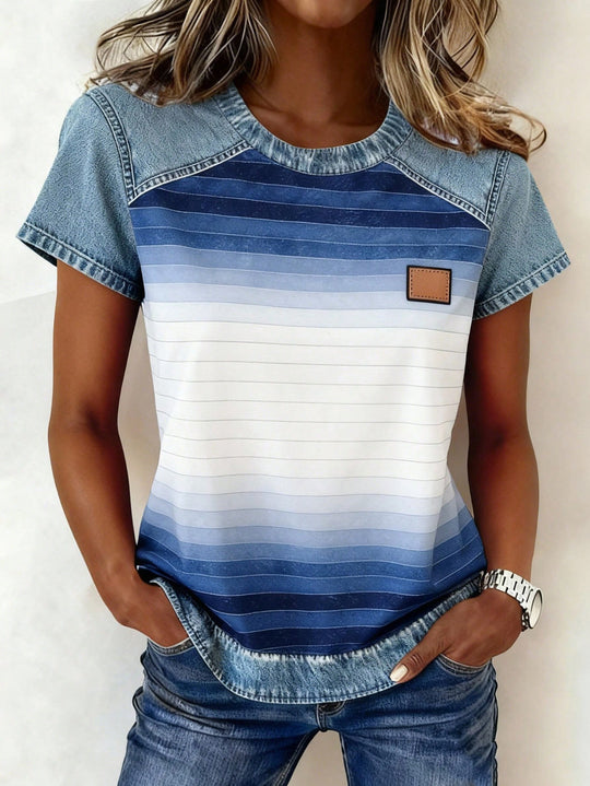 Damen Kurzarmshirt mit Jeans-Einsätzen und Teddy-Patchprint Shop Nory