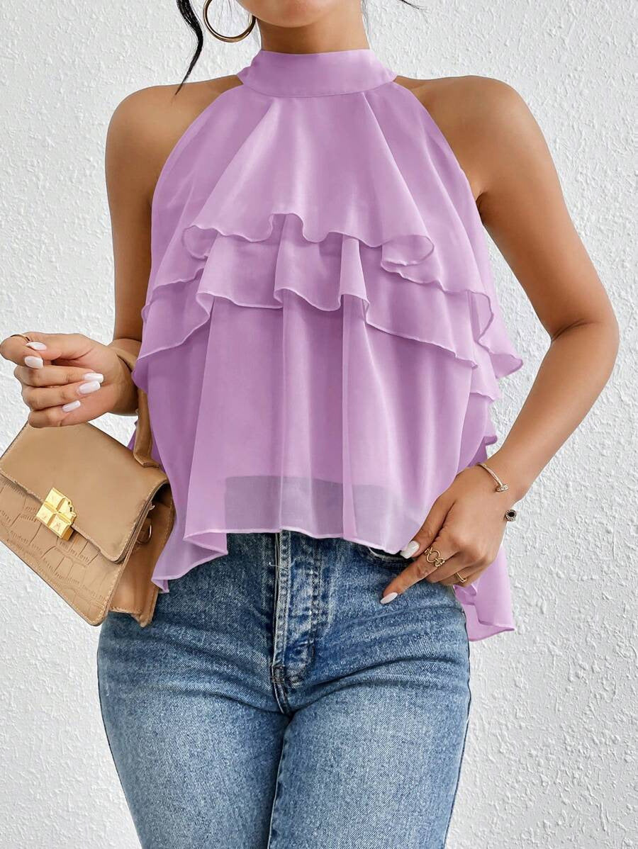 Damen Luftiges Chiffon-Top mit Stehkragen und mehrlagigen Volants Shop Nory