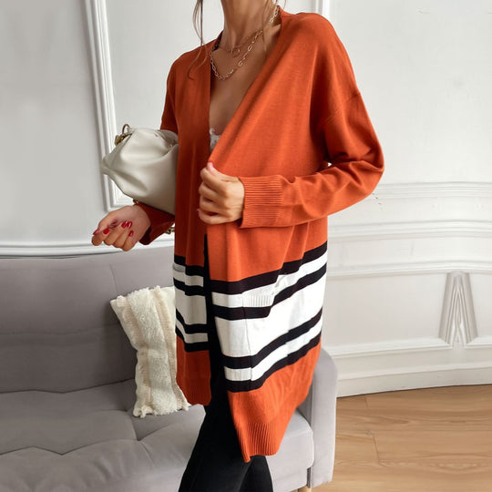 Damen Longline-Cardigan mit Kontraststreifen, aufgesetzten Taschen & Rippbündchen Shop Nory