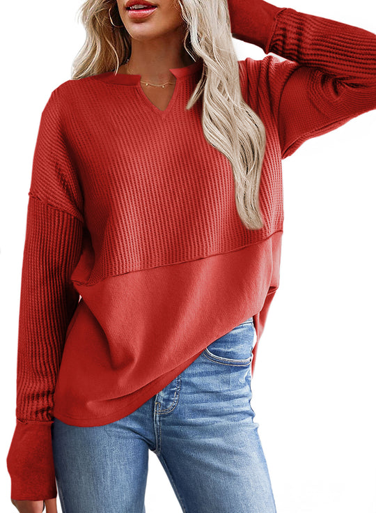 Damen Oversize-Pullover mit Waffle-Struktur, V-Notch und überschnittener Schulter Shop Nory