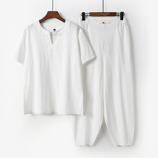Herren Zweiteiliges Set mit Kurzarm-Stehkragenhemd und elastischer Haremshose Shop Nory