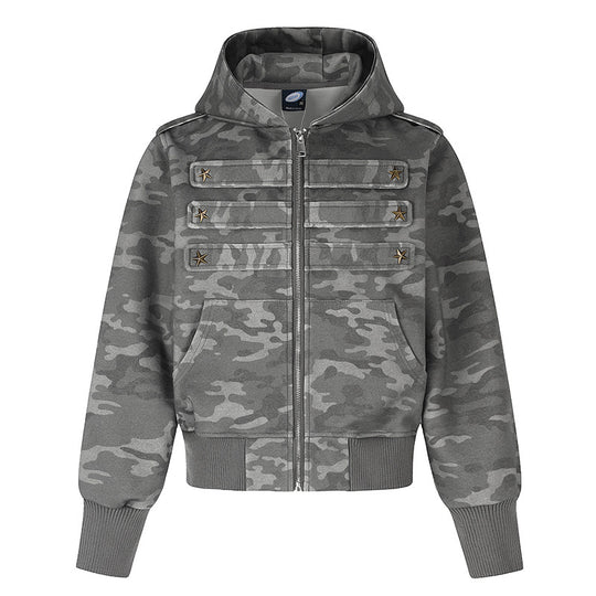 Damen Kurz geschnittene Kapuzen-Sweatjacke im Military-Camo mit dekorativen Stern‑Strapdetails Shop Nory