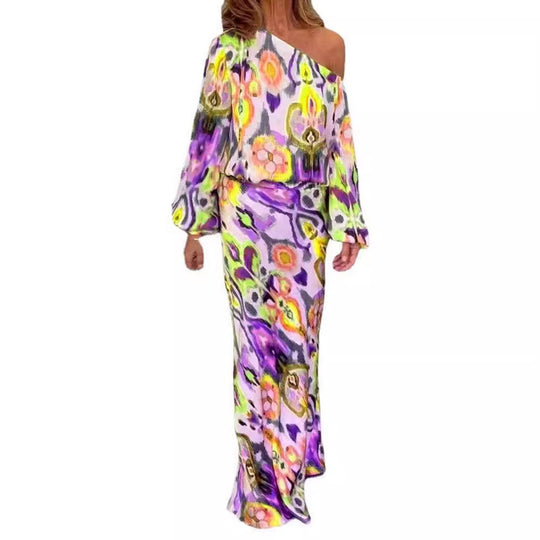 Damen Maxikleid mit asymmetrischer Ein-Schulter, fließendem Satin und Glockenärmeln Shop Nory