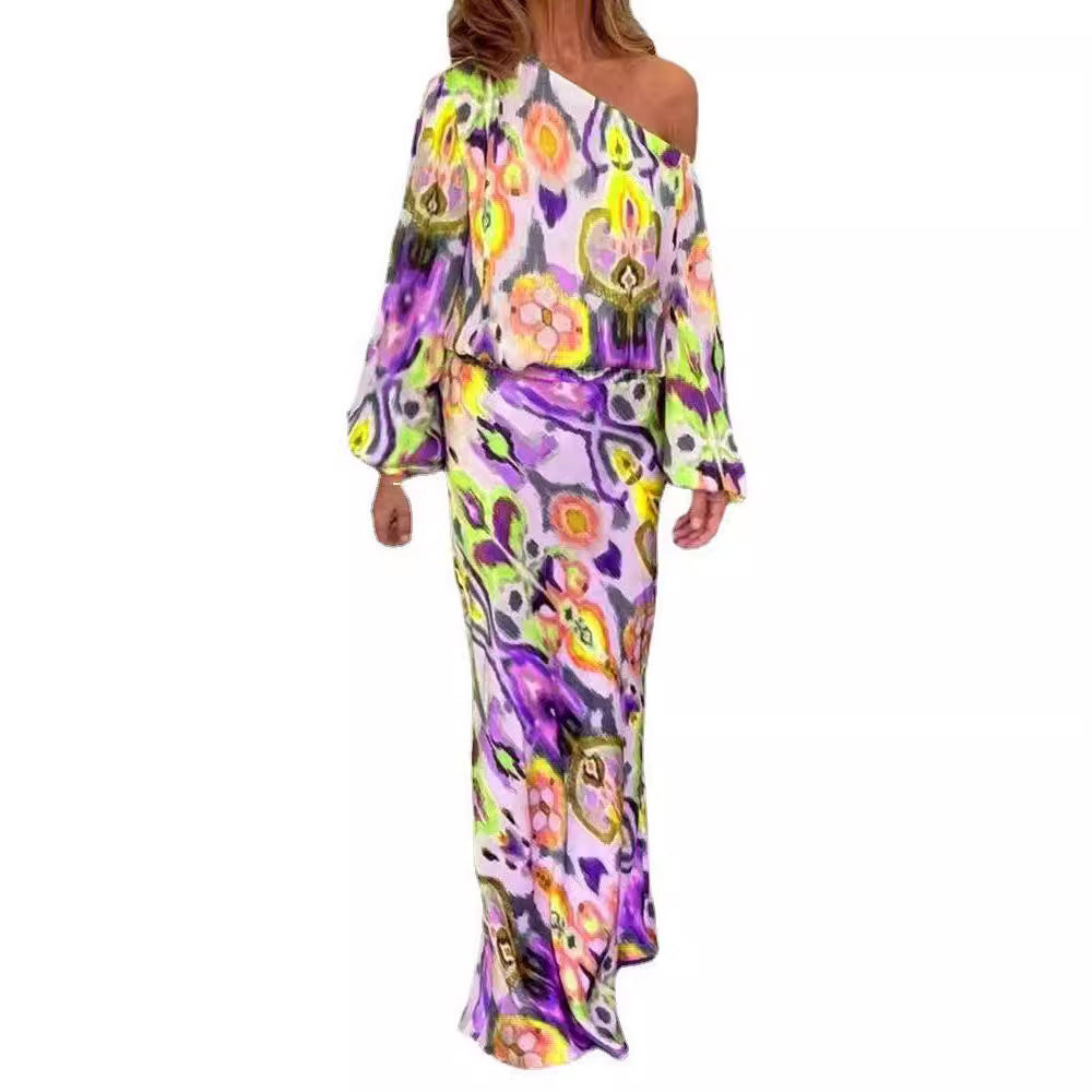 Damen Maxi-Kleid mit asymmetrischer Ein-Schulter, weiten Trompetenärmeln und fließendem Satin-Print Shop Nory