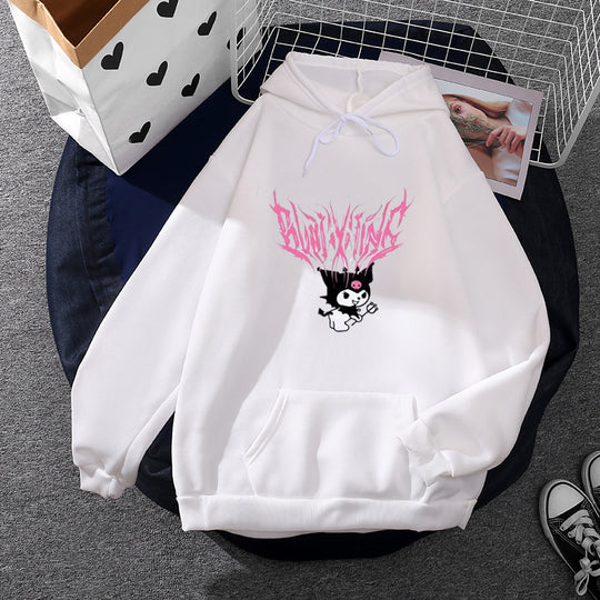 Damen nan lockeres Kapuzensweatshirt aus angerautem Fleece mit Kängurutasche und kawaii-Charakter-Print Shop Nory