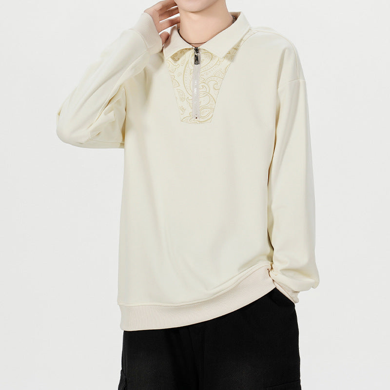 Herren Lockeres Sweatshirt mit Polokragen, halbem Reißverschluss und Paisley-Besatz Shop Nory