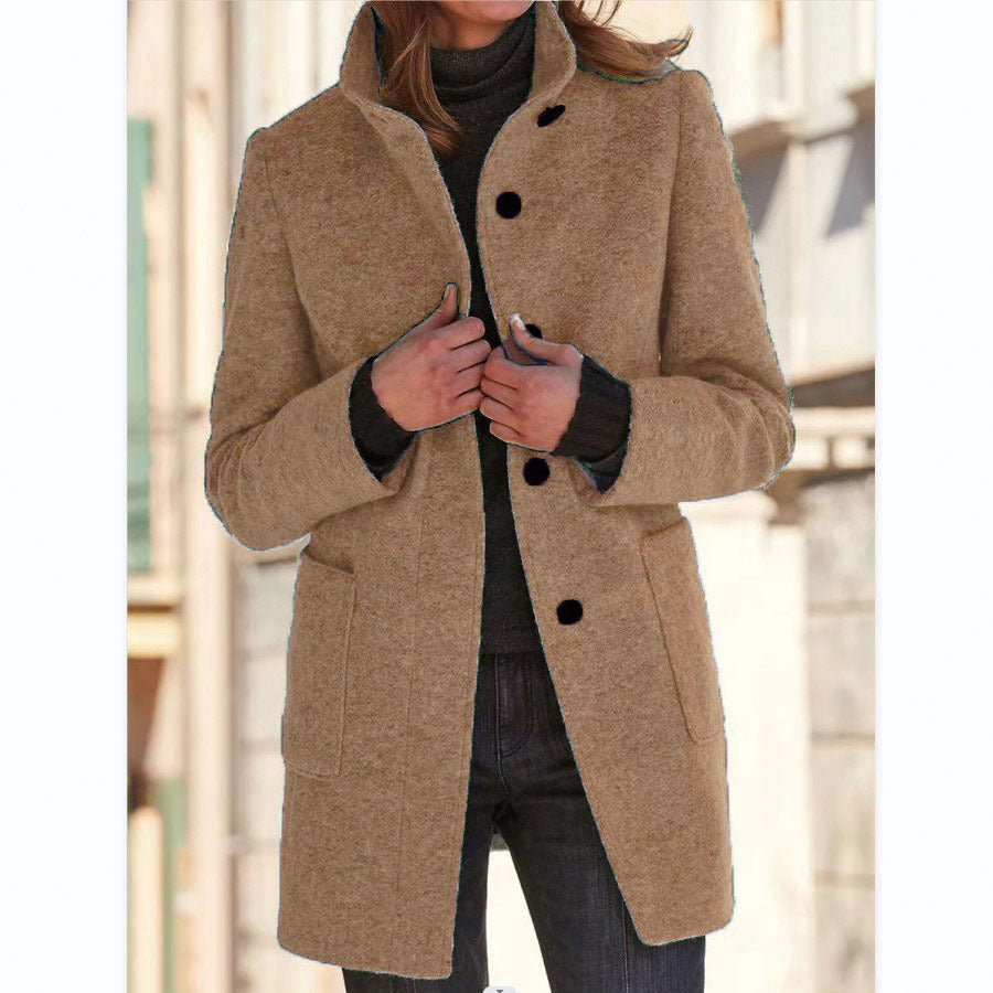 Damen Midilanger Wollmix-Mantel mit Stehkragen und aufgesetzten Taschen Shop Nory