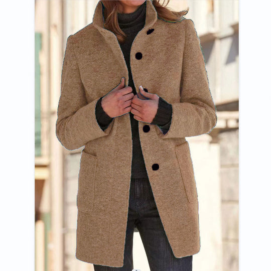 Damen Midilanger Wollmix-Mantel mit Stehkragen und aufgesetzten Taschen Shop Nory