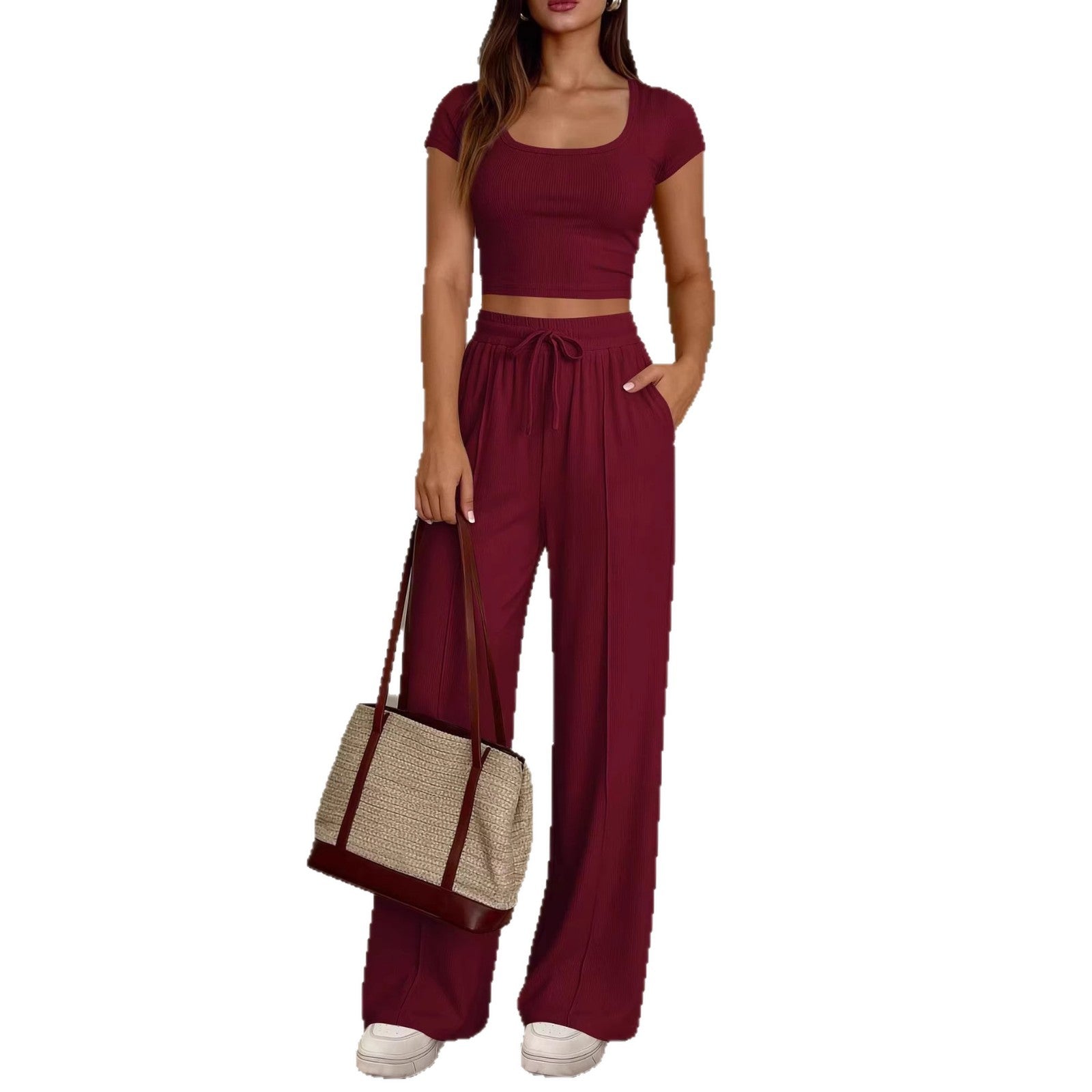 Damen lässiges Cropped-Top und weite Hose Set