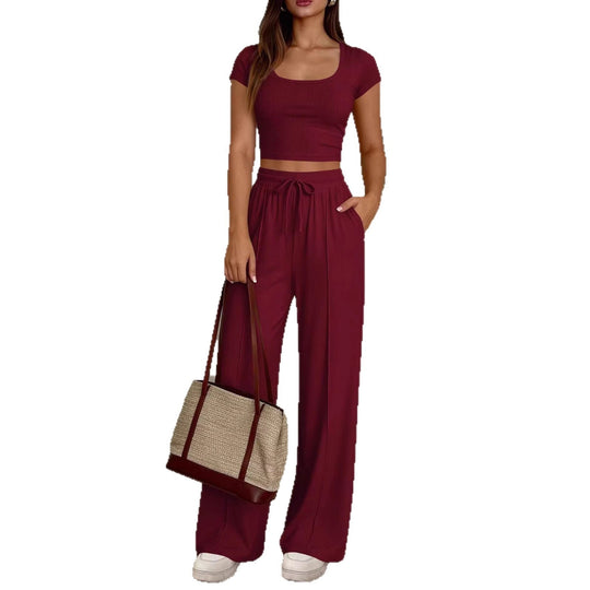 Damen lässiges Cropped-Top und weite Hose Set