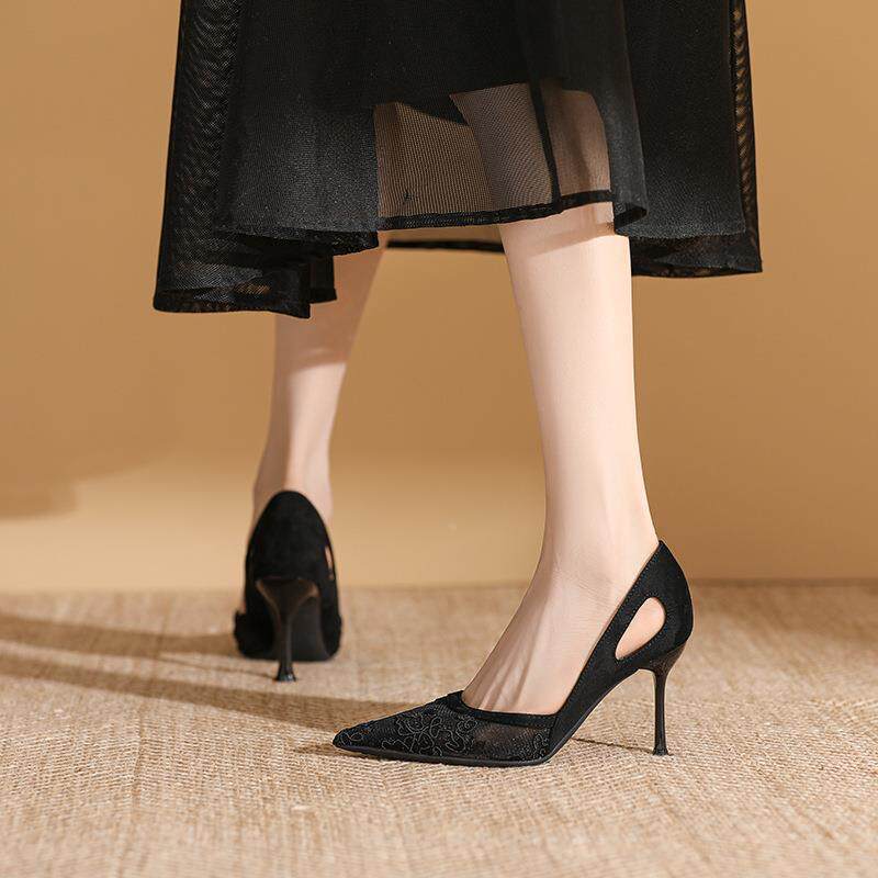 Damen elegante spitze High Heels mit floralem Spitzenmotiv Shopnory