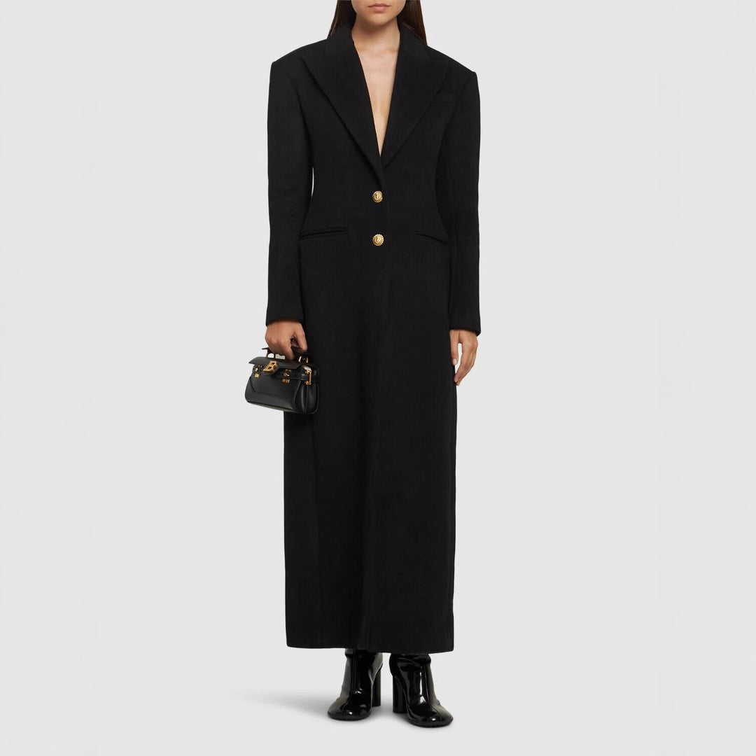 Damen Maxi-Mantelkleid mit markanter Schulterpartie und goldenen Zierknöpfen Shop Nory