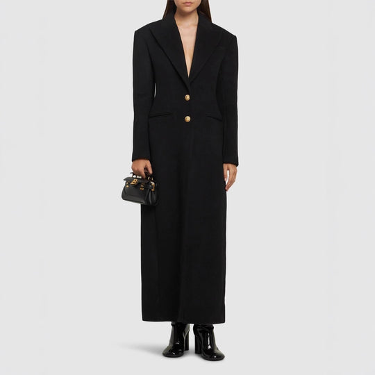 Damen Maxi-Mantelkleid mit markanter Schulterpartie und goldenen Zierknöpfen Shop Nory