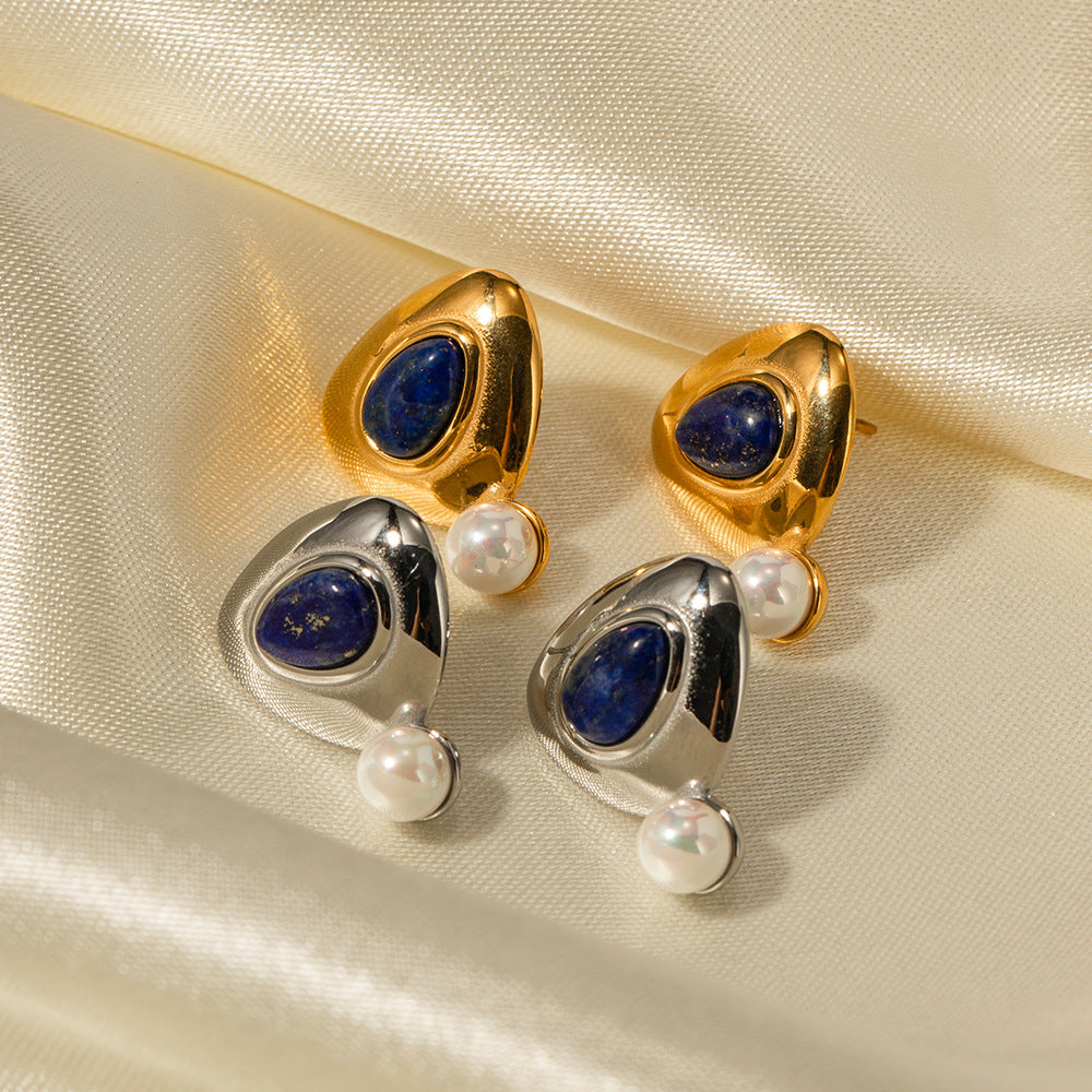 Damen Ohrhänger mit exquisite blau-emalitierte Details und schimmernden Perlen Shop Nory