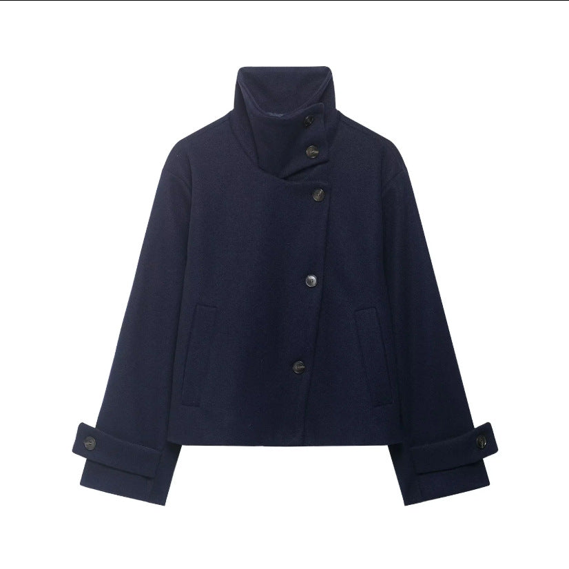 Damen Cropped Wollmix-Kurzjacke mit hohem Stehkragen, asymmetrischer Knopfleiste und Krempelmanschetten Shop Nory