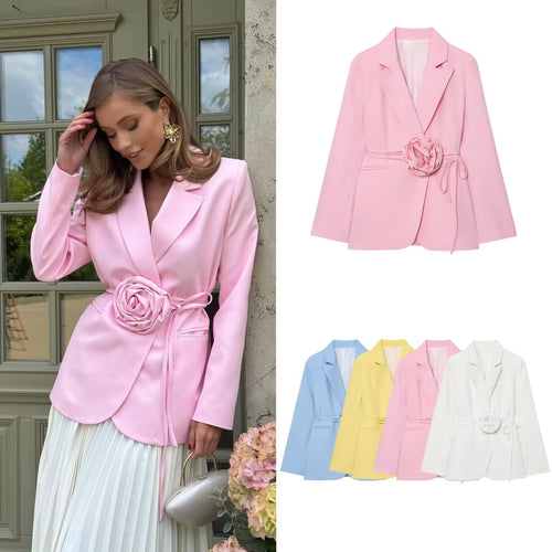 Damen Taillierter Blazer mit Deko‑Rosen‑Gürtel und Reverskragen Shop Nory