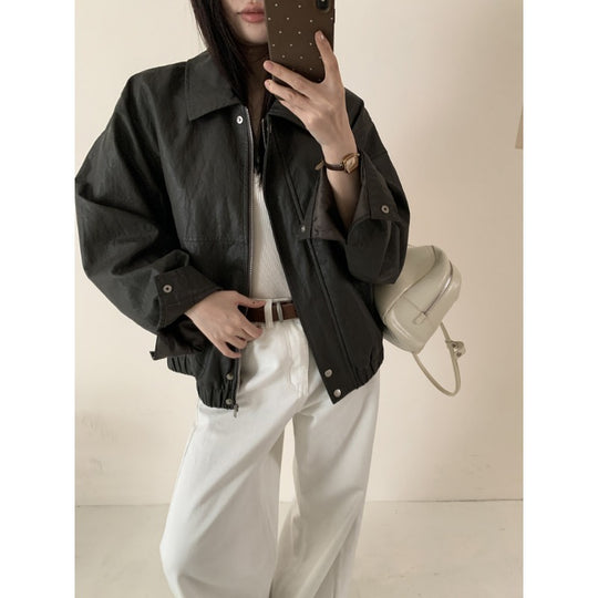 Damen Boxy Lederoptik Bomberjacke mit überschnittenen Schultern und Reißverschluss Shop Nory
