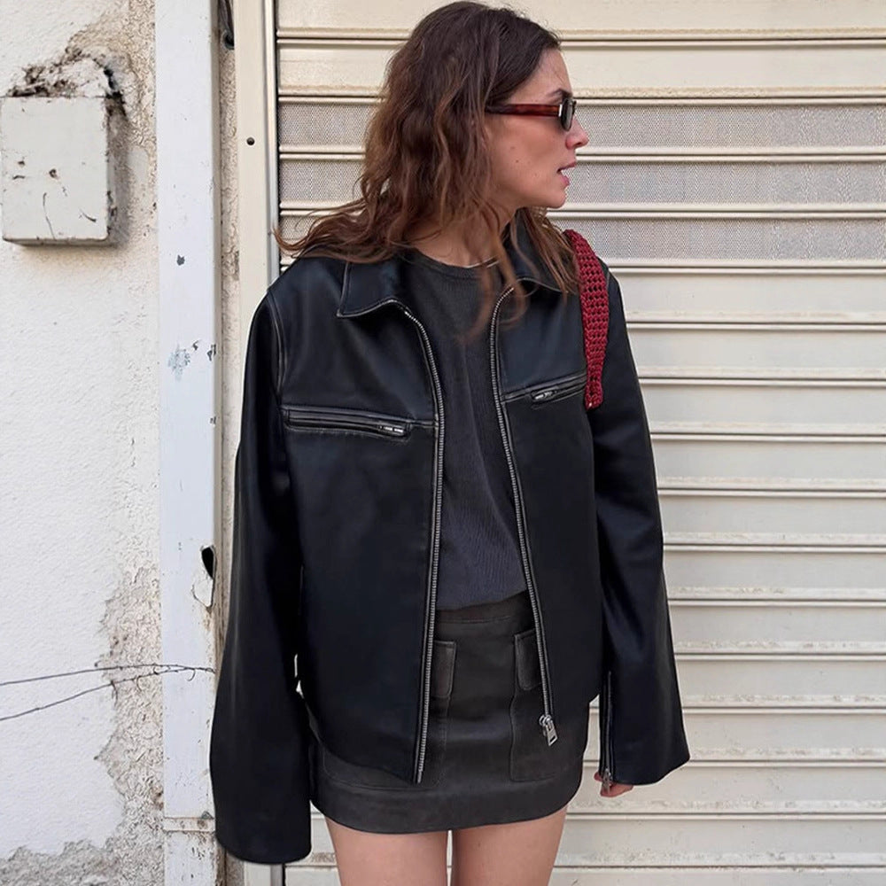 Damen Boxy-Lederimitatjacke mit zweifachem Reißverschluss und Brustzippern Shop Nory
