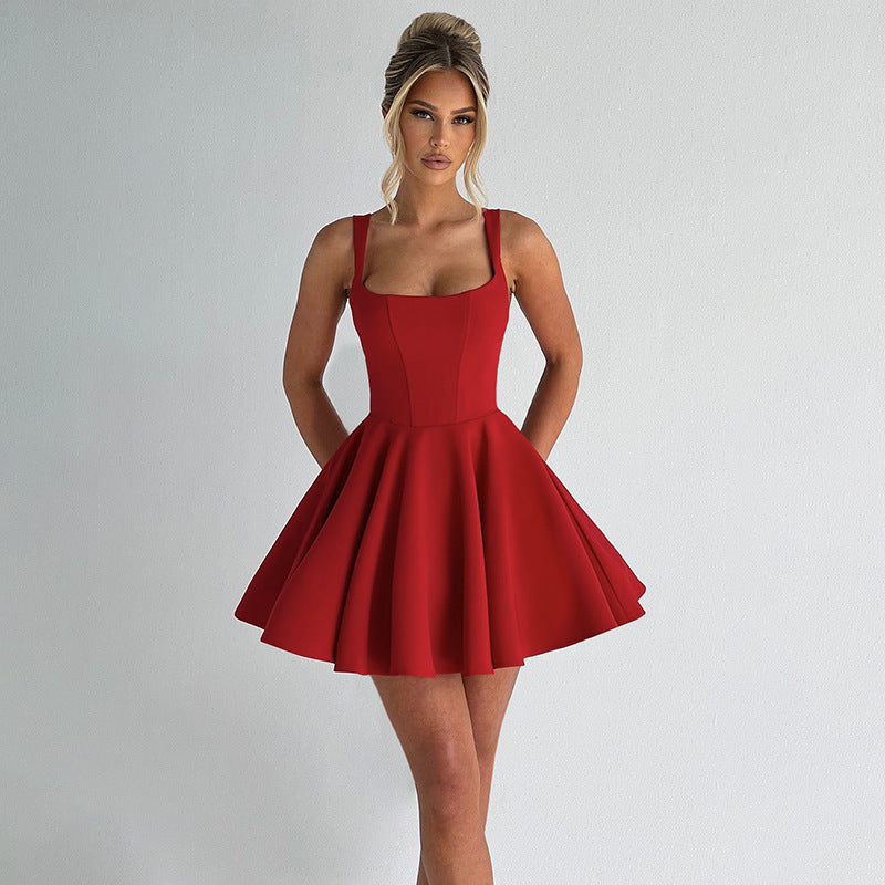 Damen zeitloses A-Linien Kleid mit Spaghetti-Trägern und schwingendem Rock